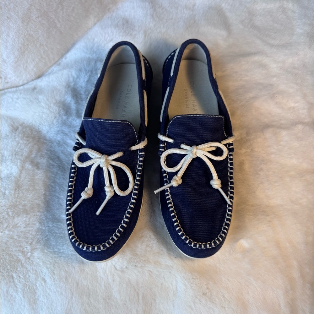 Men’s Navy Blue Canvas Grant Driver Loafers with White Laces Size 7